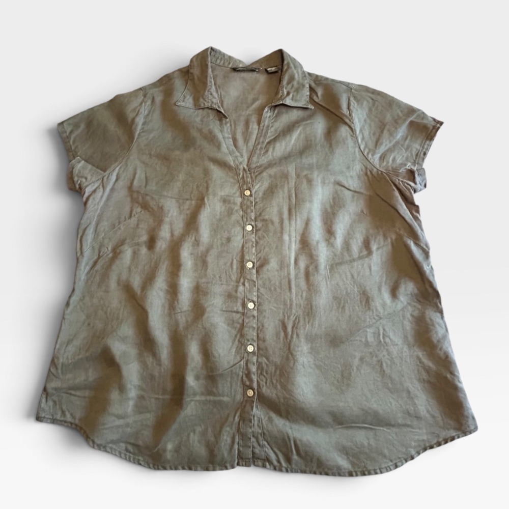 Eddie Bauer Women 2X Olive Green 100% Linen Short Sleeve Button Down Shirt Top